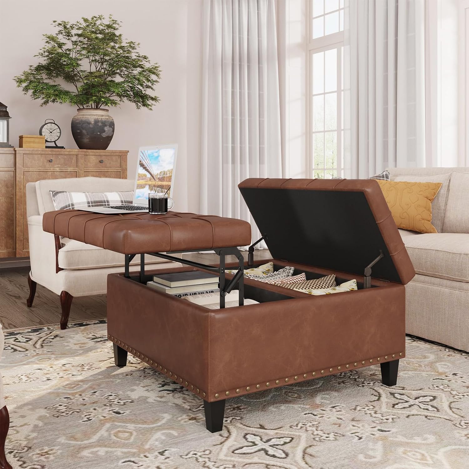 Brown Leather Storage Ottoman