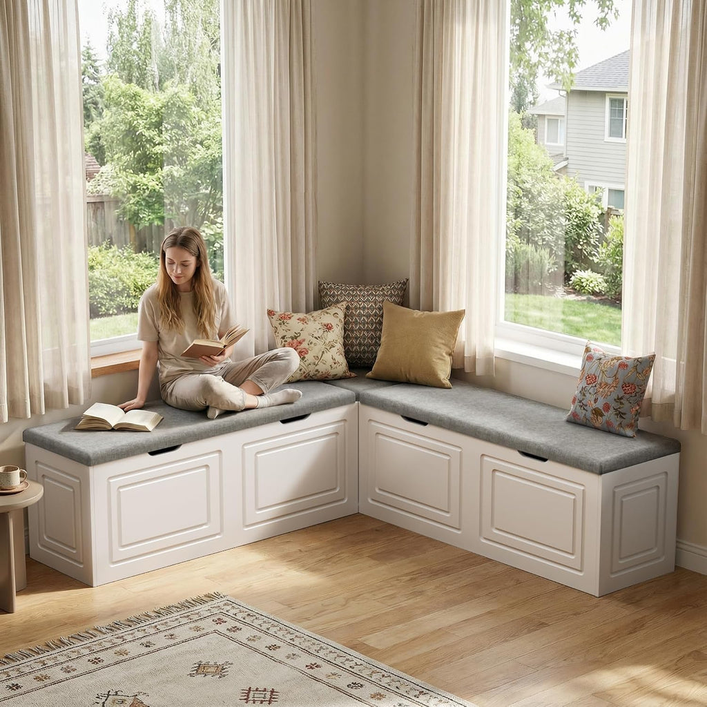 White Grey Lift Top L-Shaped Storage Nook Bench