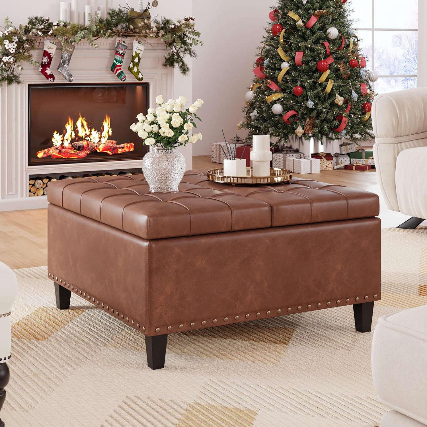 Brown Leather Storage Ottoman