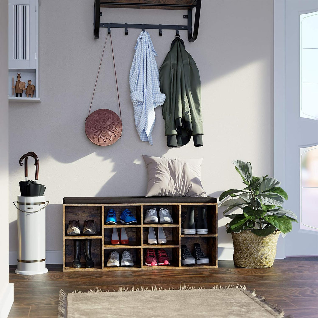 Rustic Brown 10-Compartment Cushioned Shoe Storage Bench