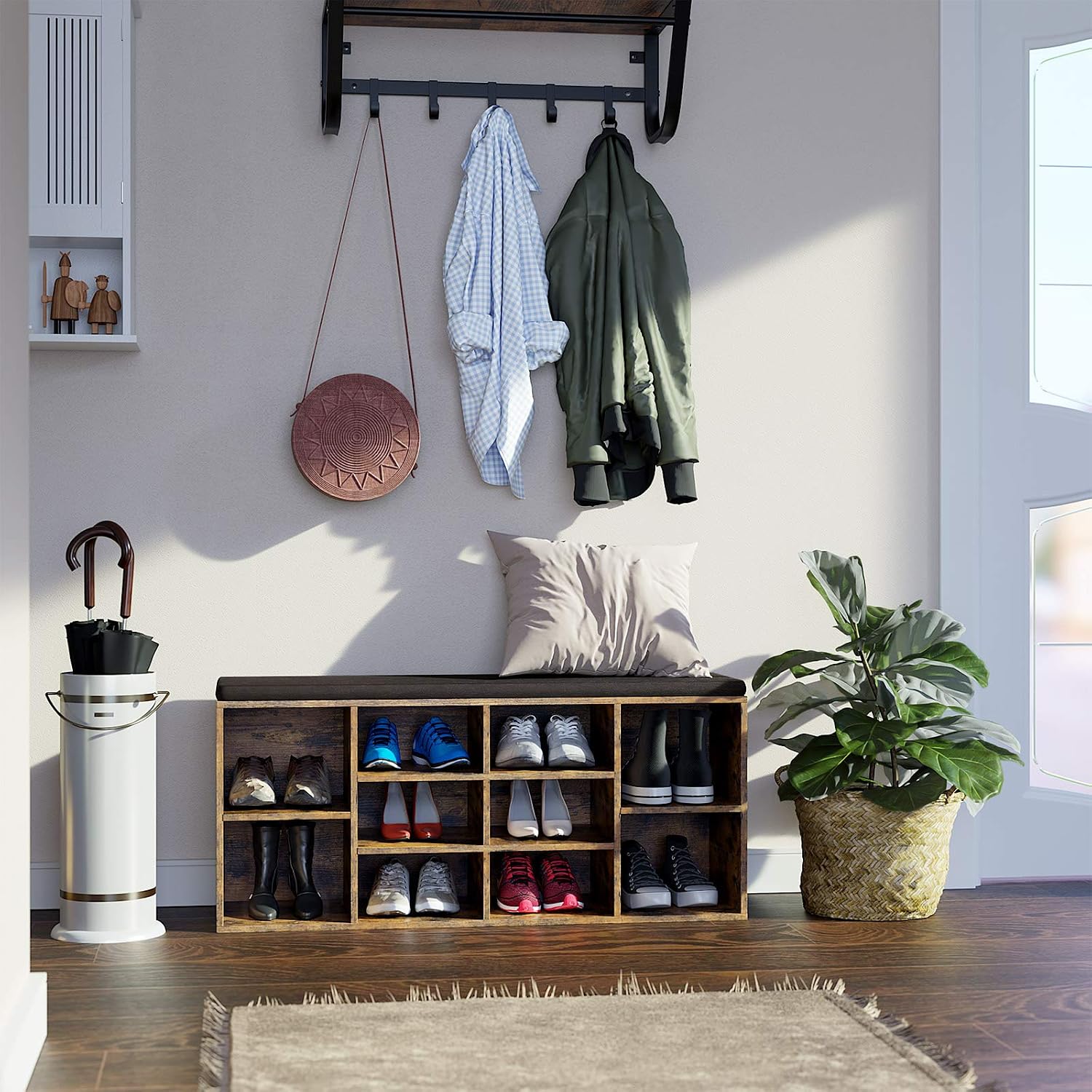 Rustic Brown 10-Compartment Cushioned Shoe Storage Bench