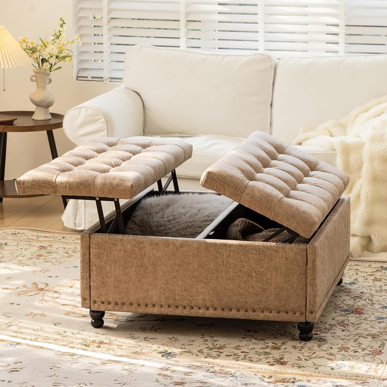 Champagne Leather Storage Ottoman