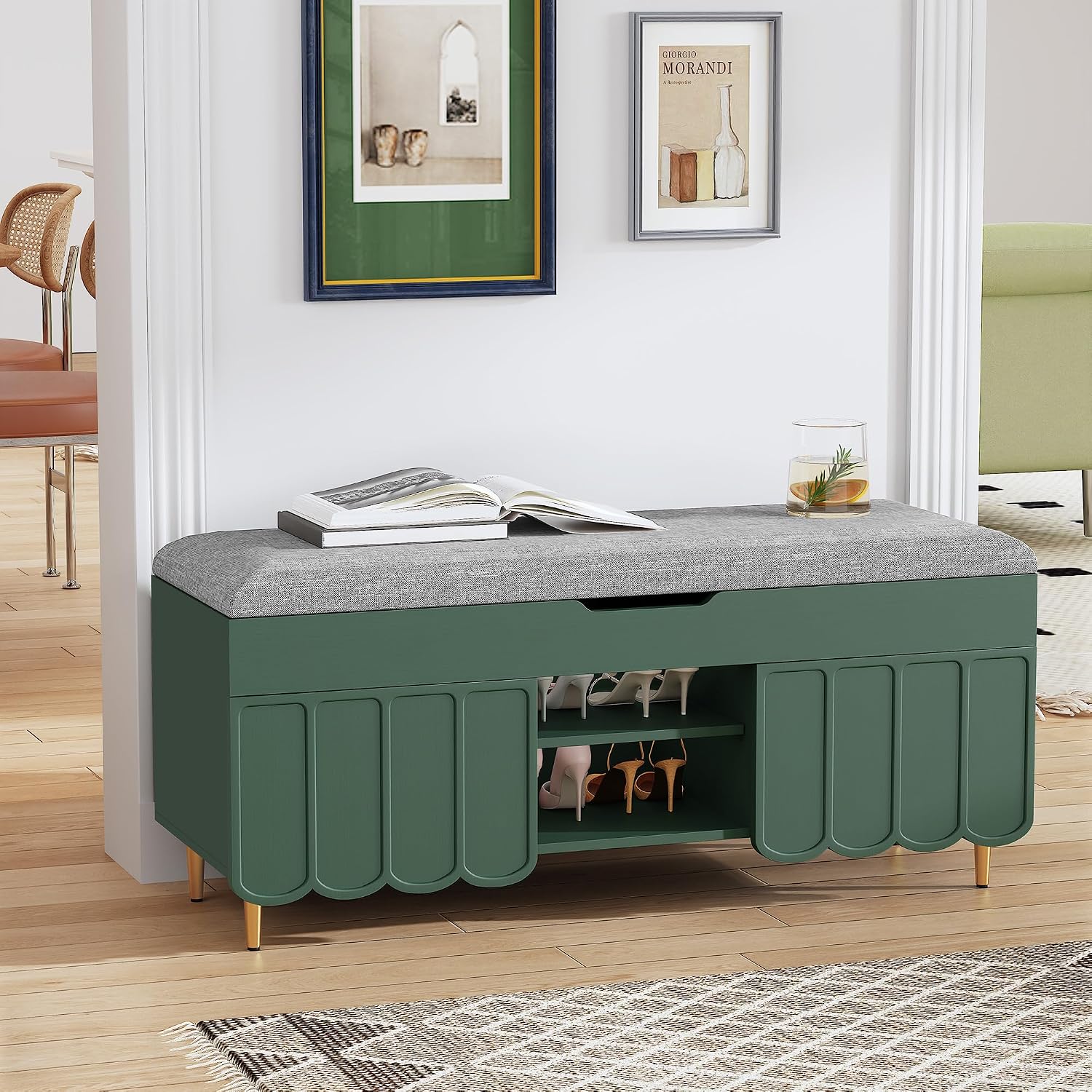 Green Geometric Grain Hidden Storage Shoe Bench