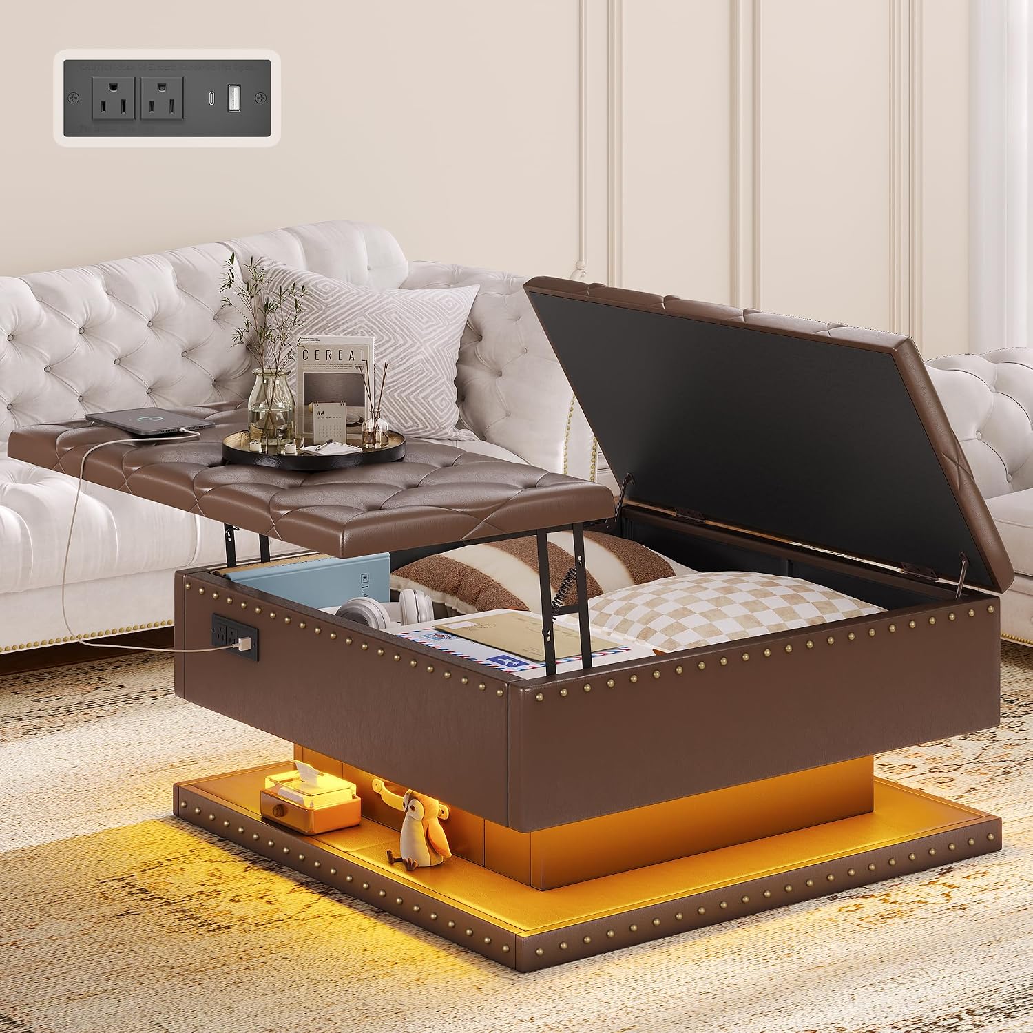 Brown PU Charging Storage Ottoman