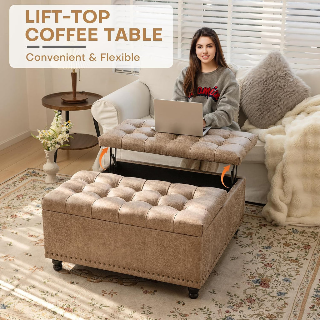 Champagne Leather Storage Ottoman