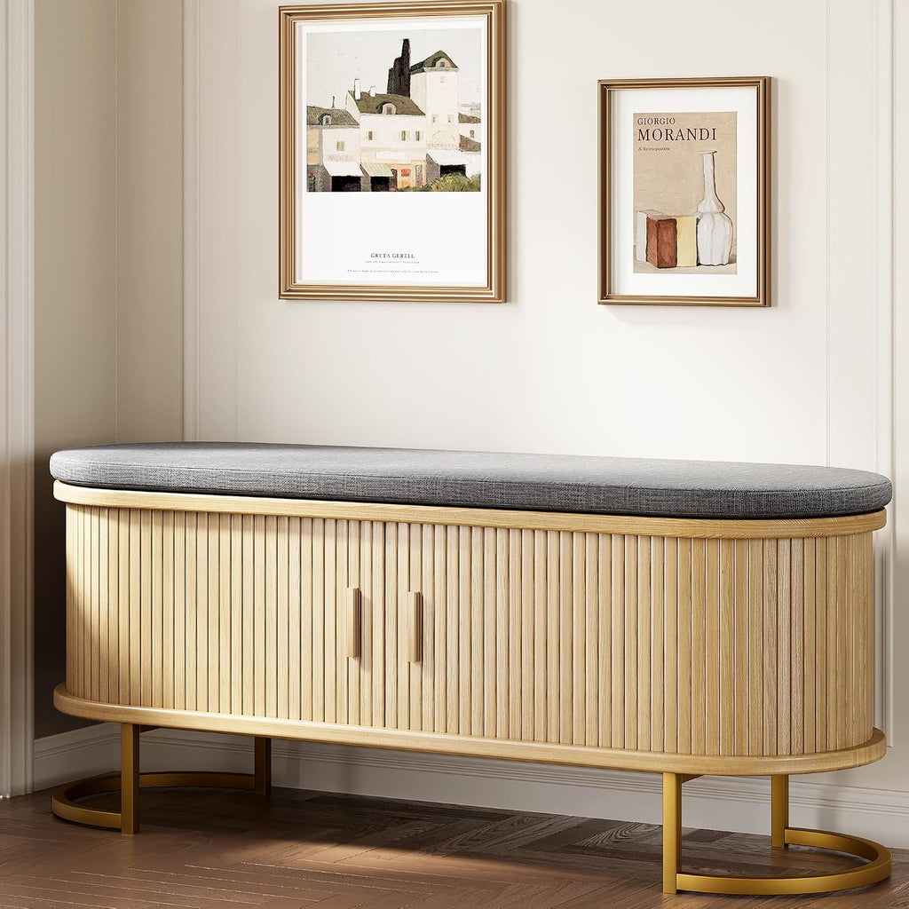 Oak Sliding Door Storage Shoe Bench with Metal Feet