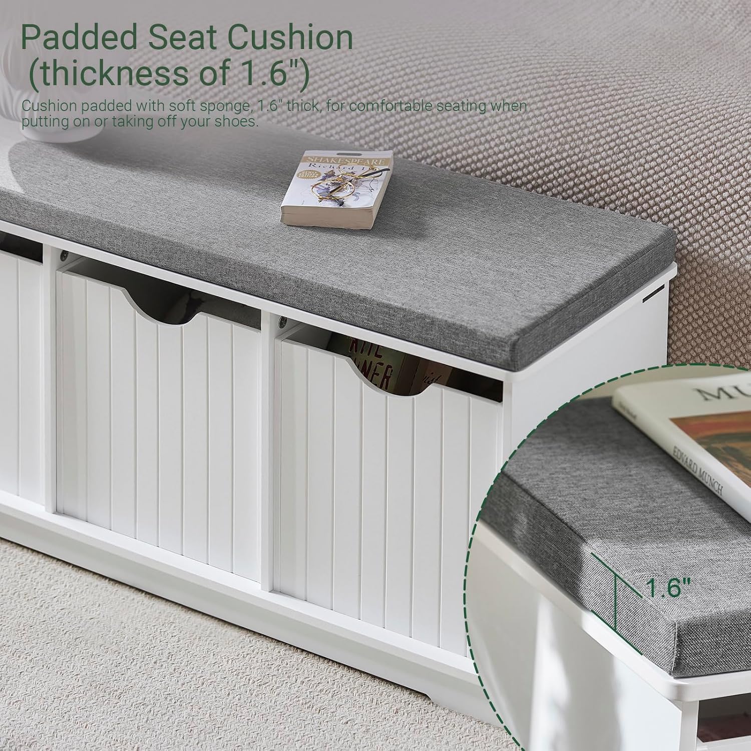 White Drawer Cushioned Storage Shoe Bench