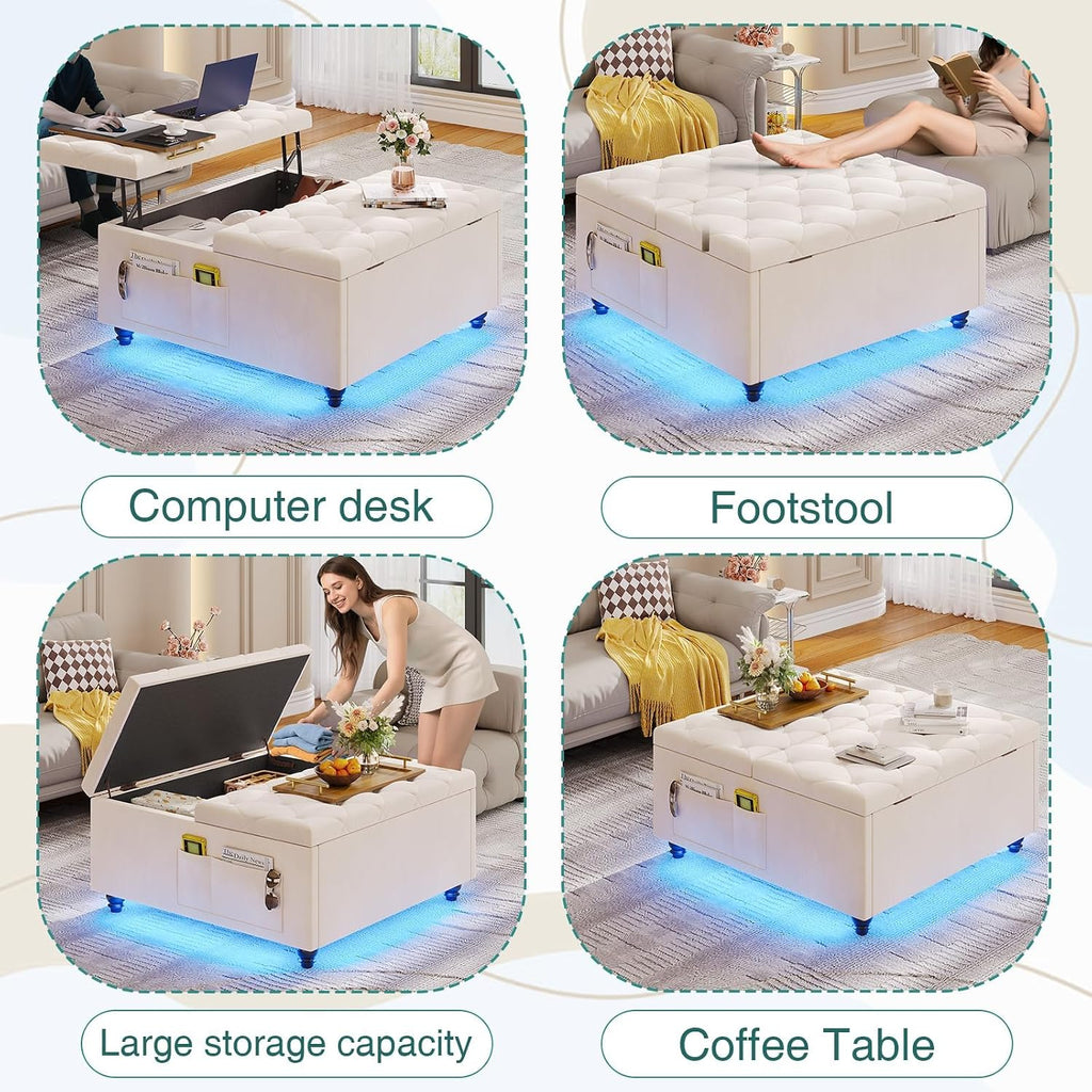 Beige Velvet Storage Ottoman Bench