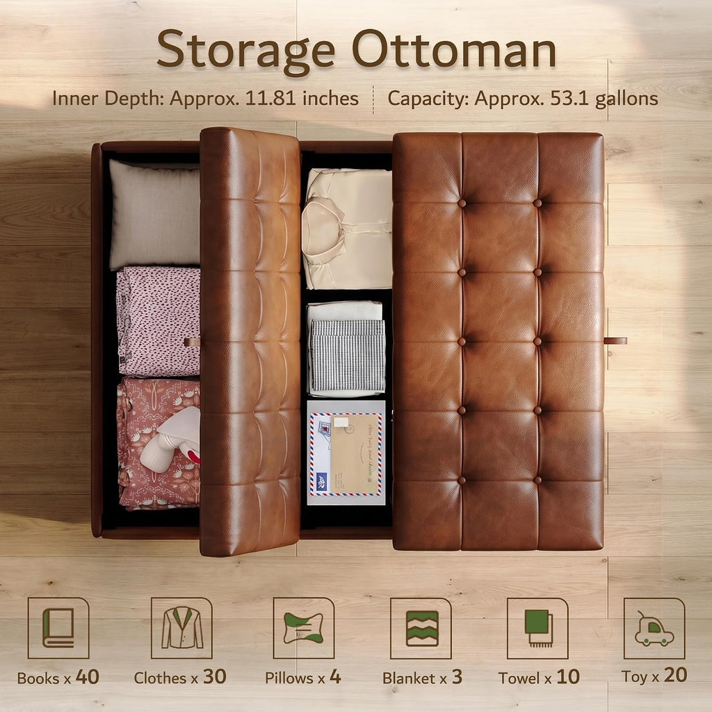 Brown Leather Storage Ottoman Bench