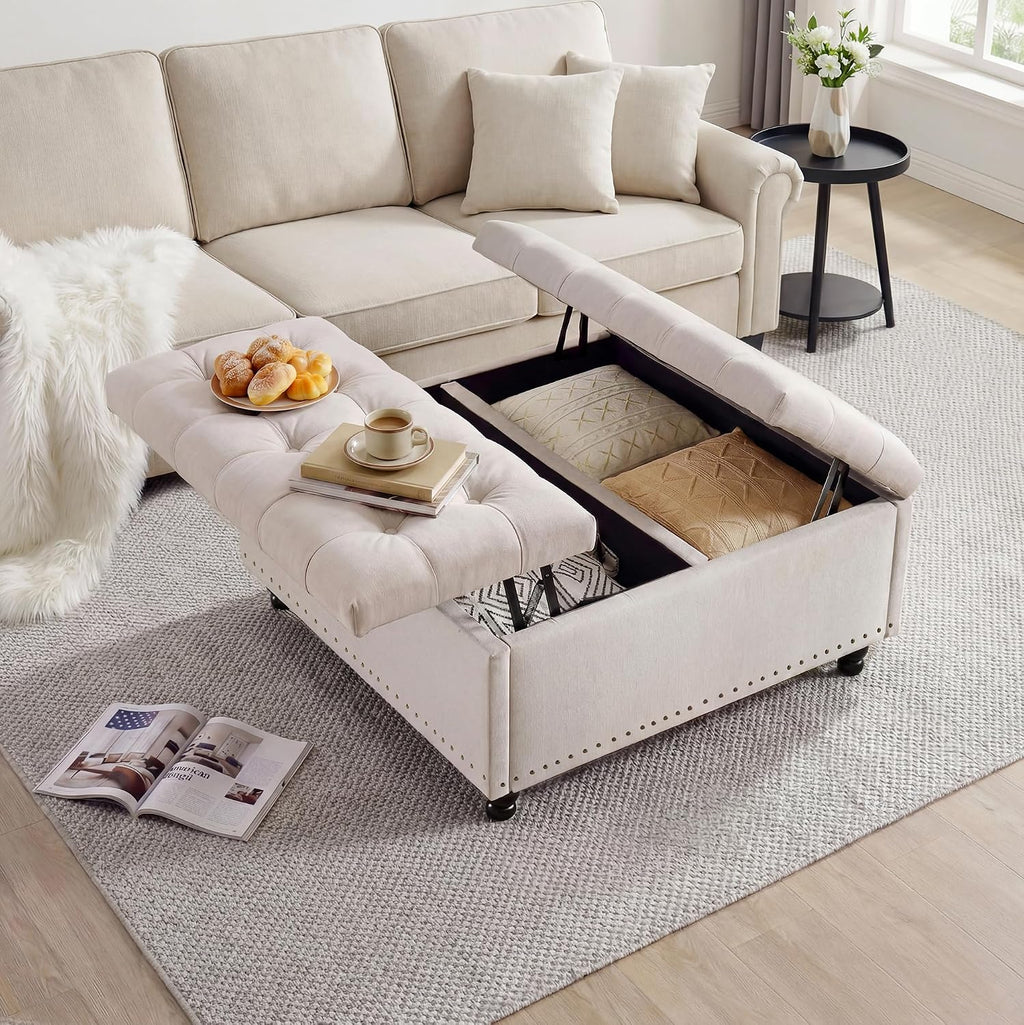 Beige Tufted Storage Ottoman Bench