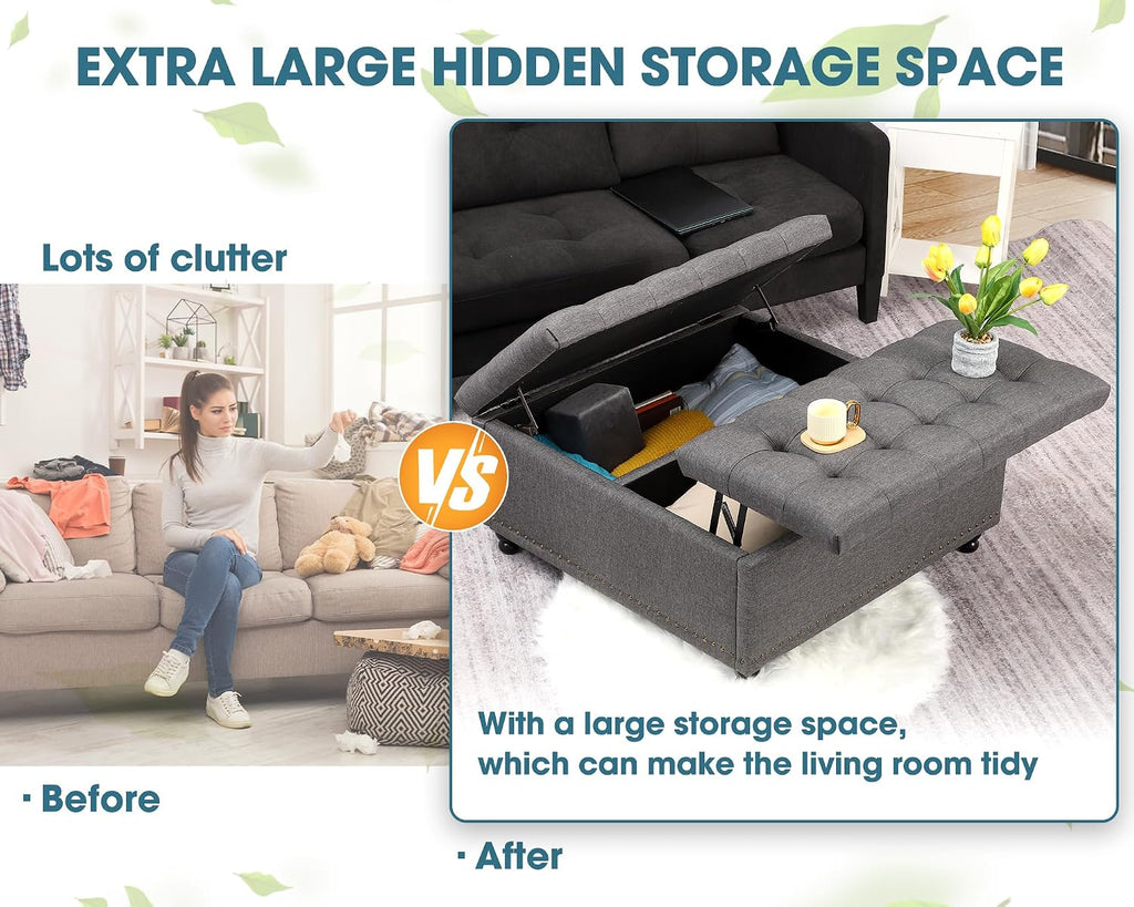 Gray Tufted Storage Ottoman