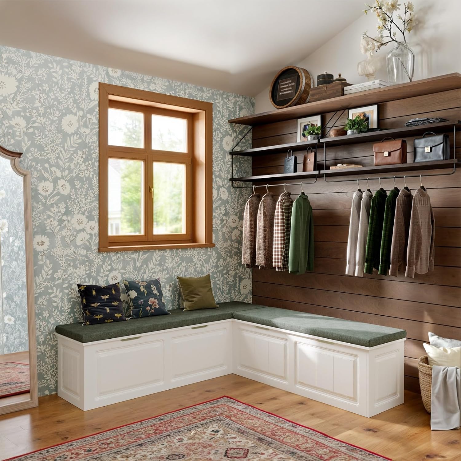 White Grey L-Shaped Storage Breakfast Nook Bench