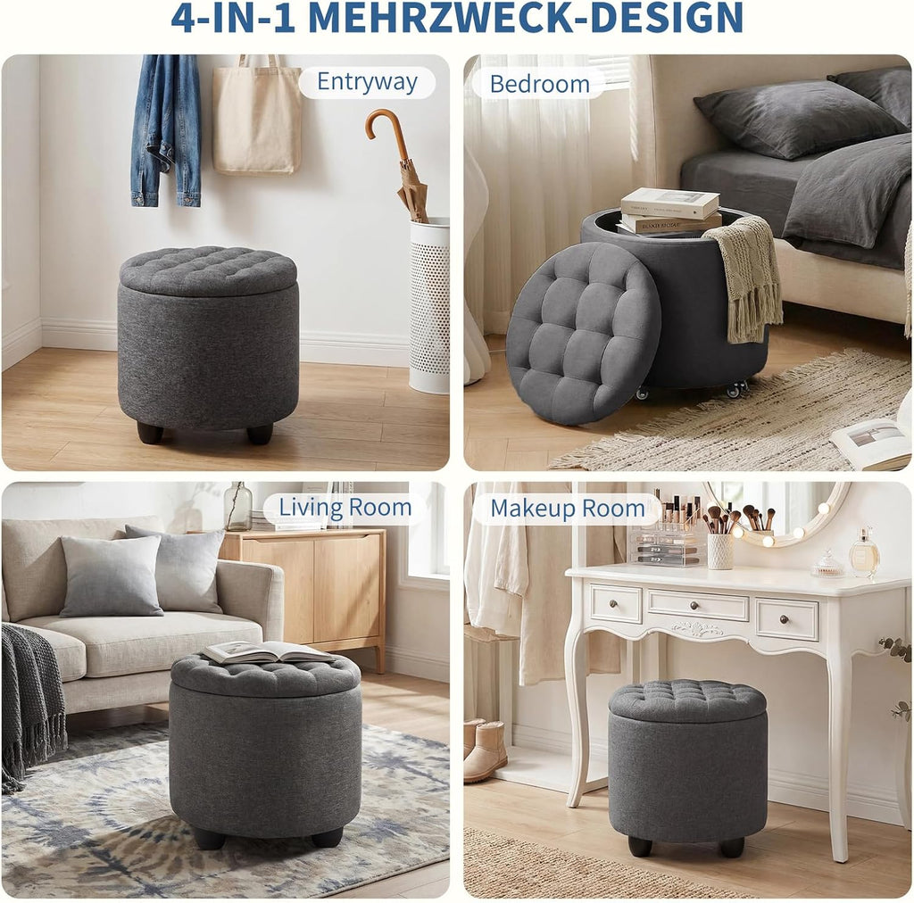 Dark Grey Tufted Round Storage Ottoman