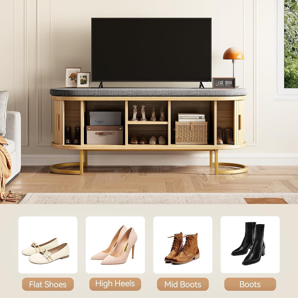 Oak Sliding Door Storage Shoe Bench with Metal Feet