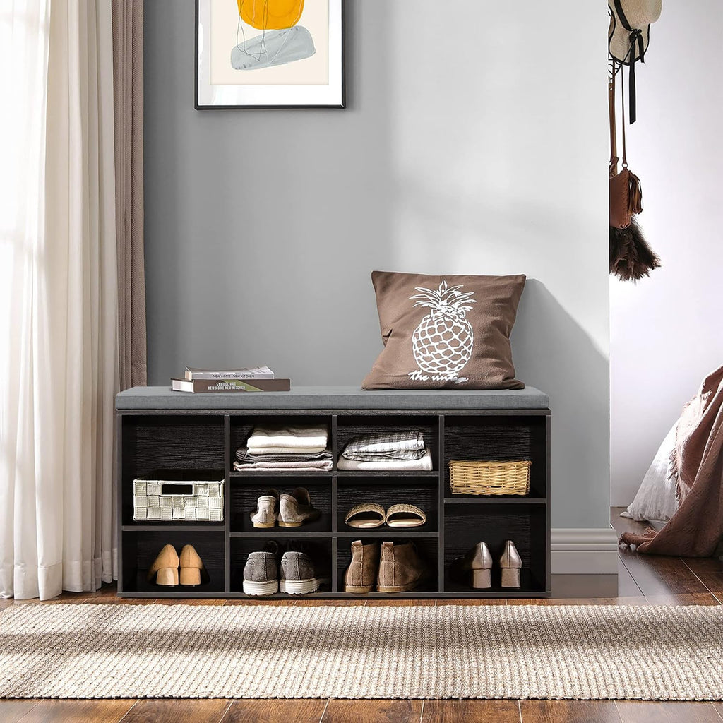 Black 10-Compartment Storage Shoe Bench