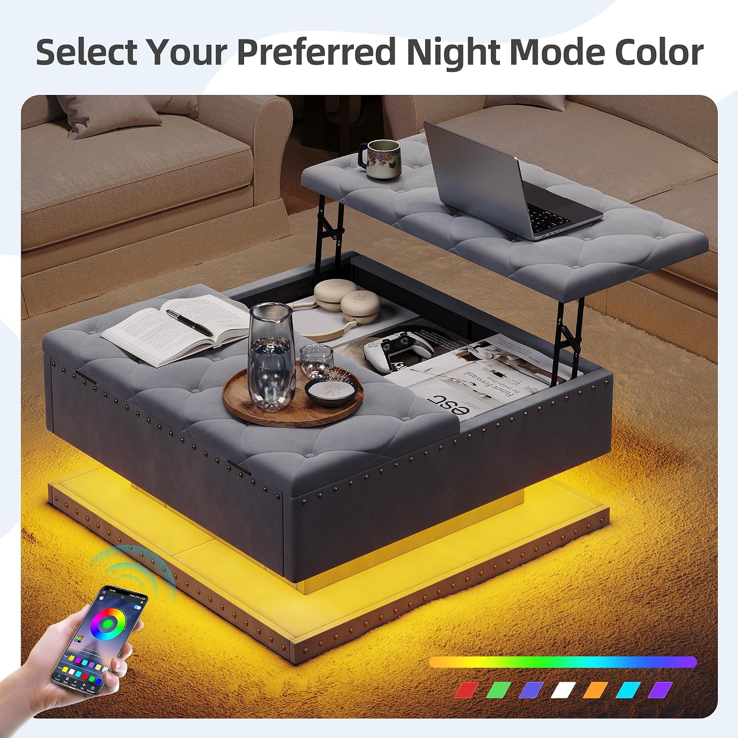 Gray LED Charging Storage Ottoman