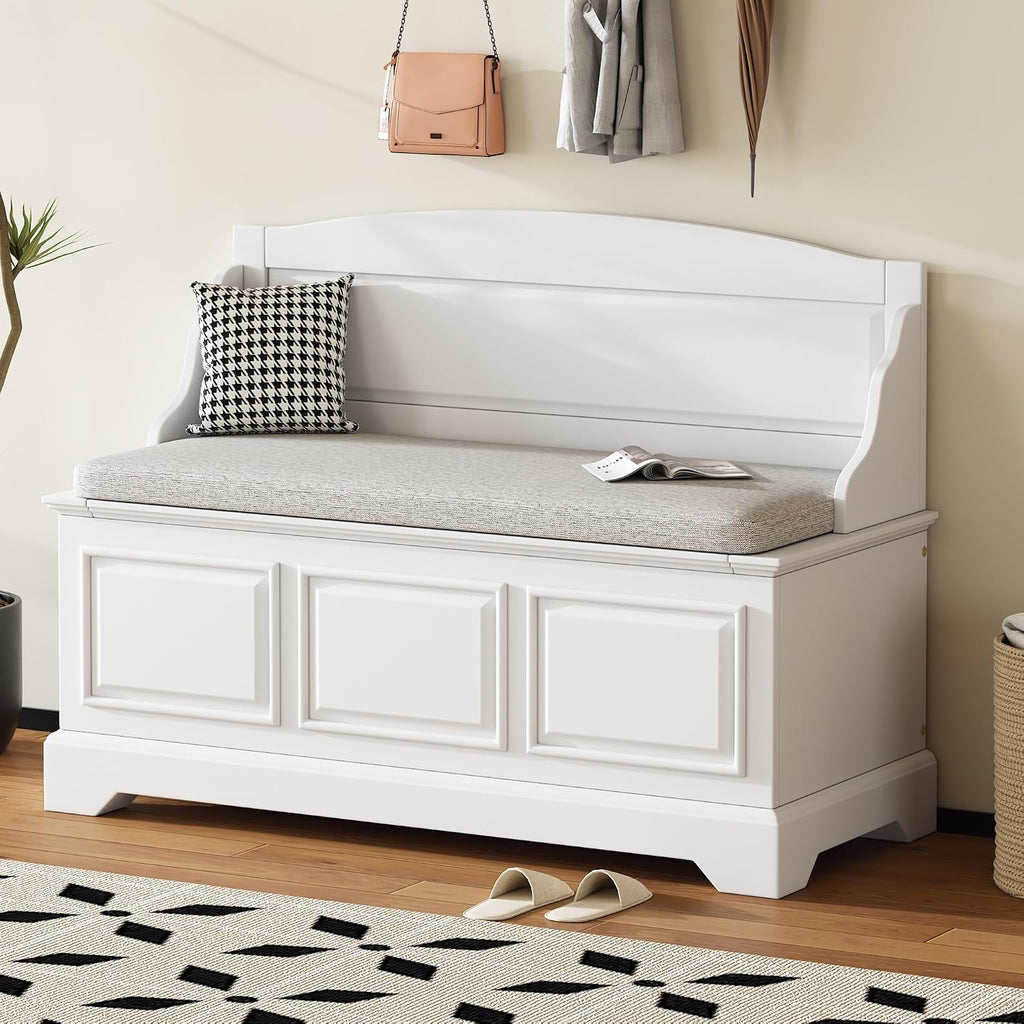 White Farmhouse Cushioned Storage Ottoman Bench