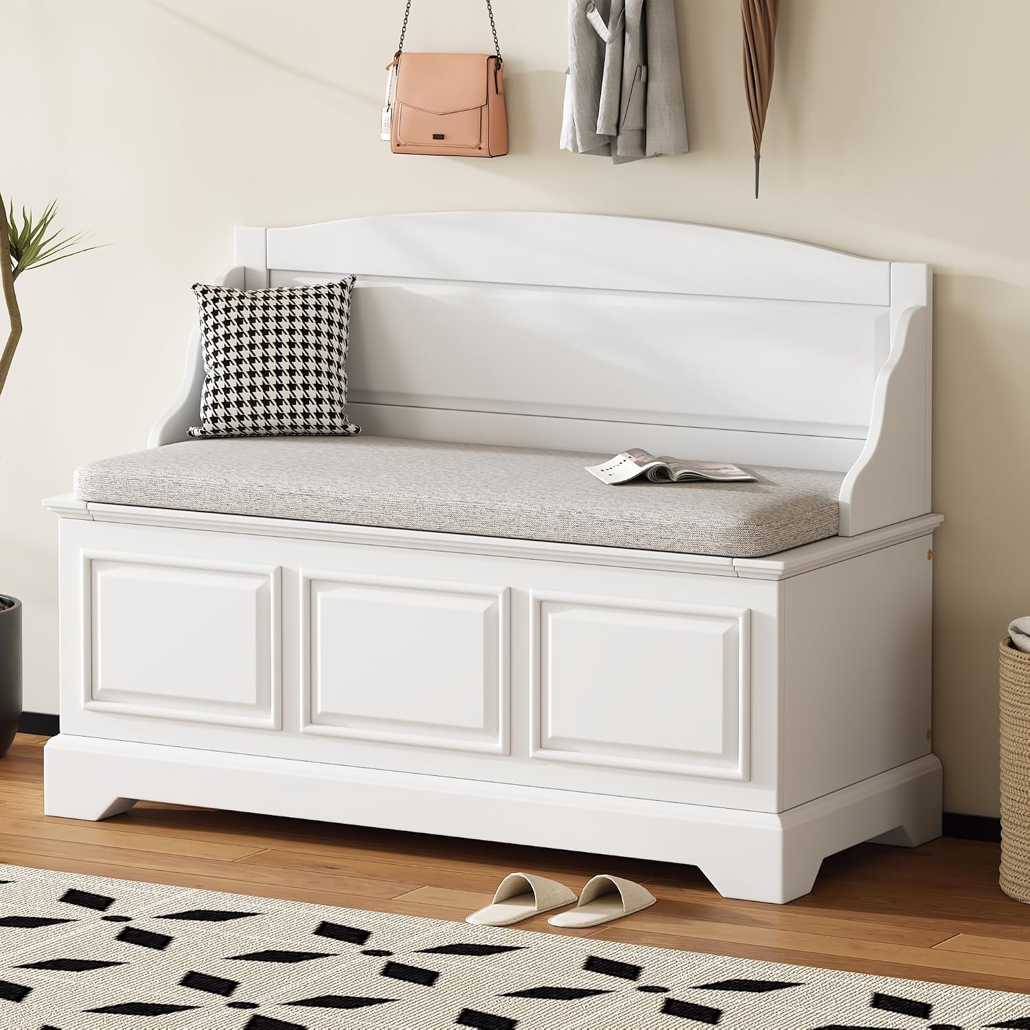 White Farmhouse Cushioned Storage Ottoman Bench