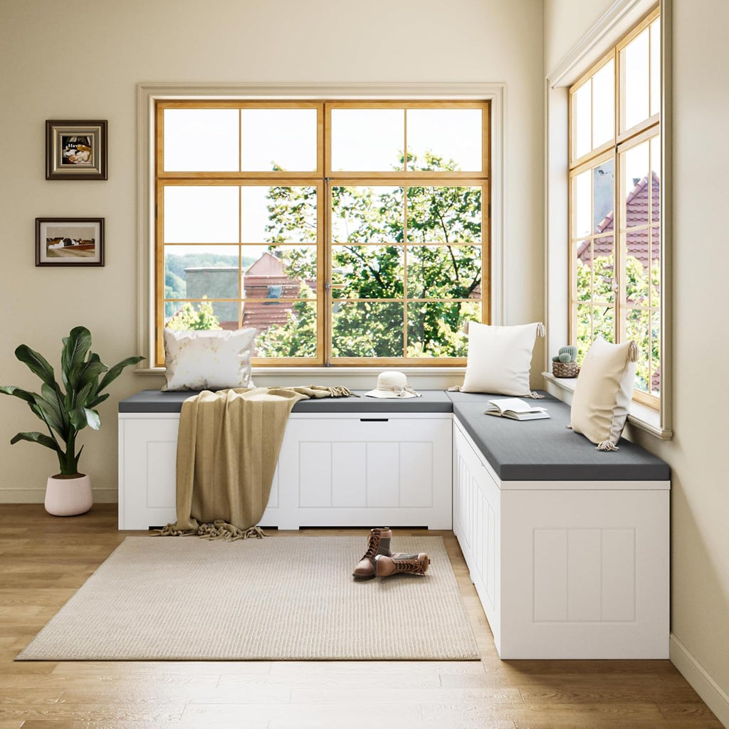 White Grey Flip-Top L-Shaped Storage Nook Bench