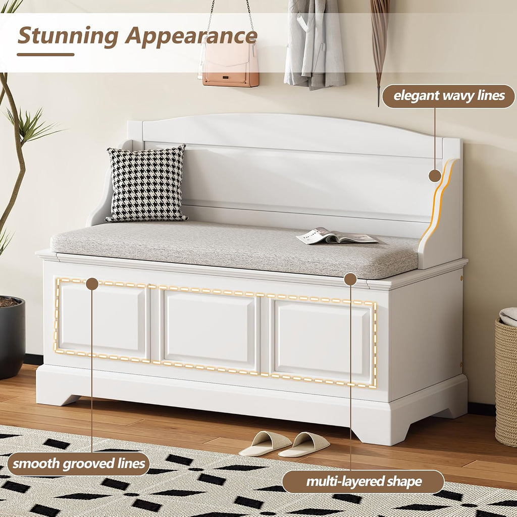 White Farmhouse Cushioned Storage Ottoman Bench