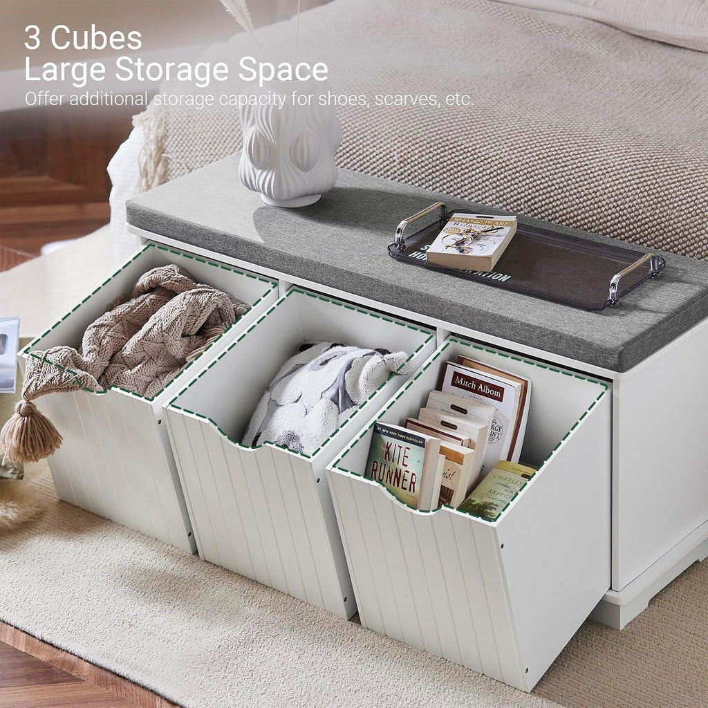 White Drawer Cushioned Storage Shoe Bench