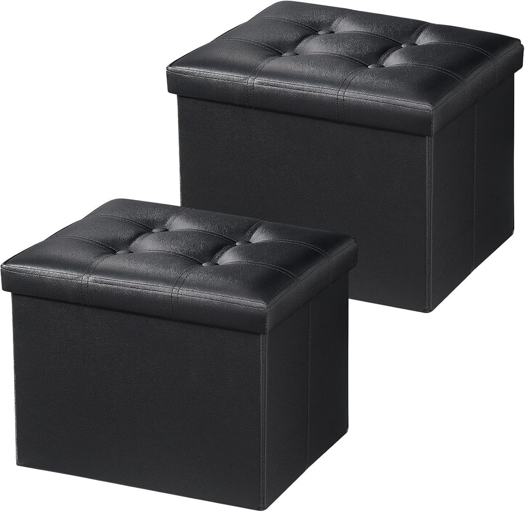 Black 2-Pack Folding Leather Storage Ottomans