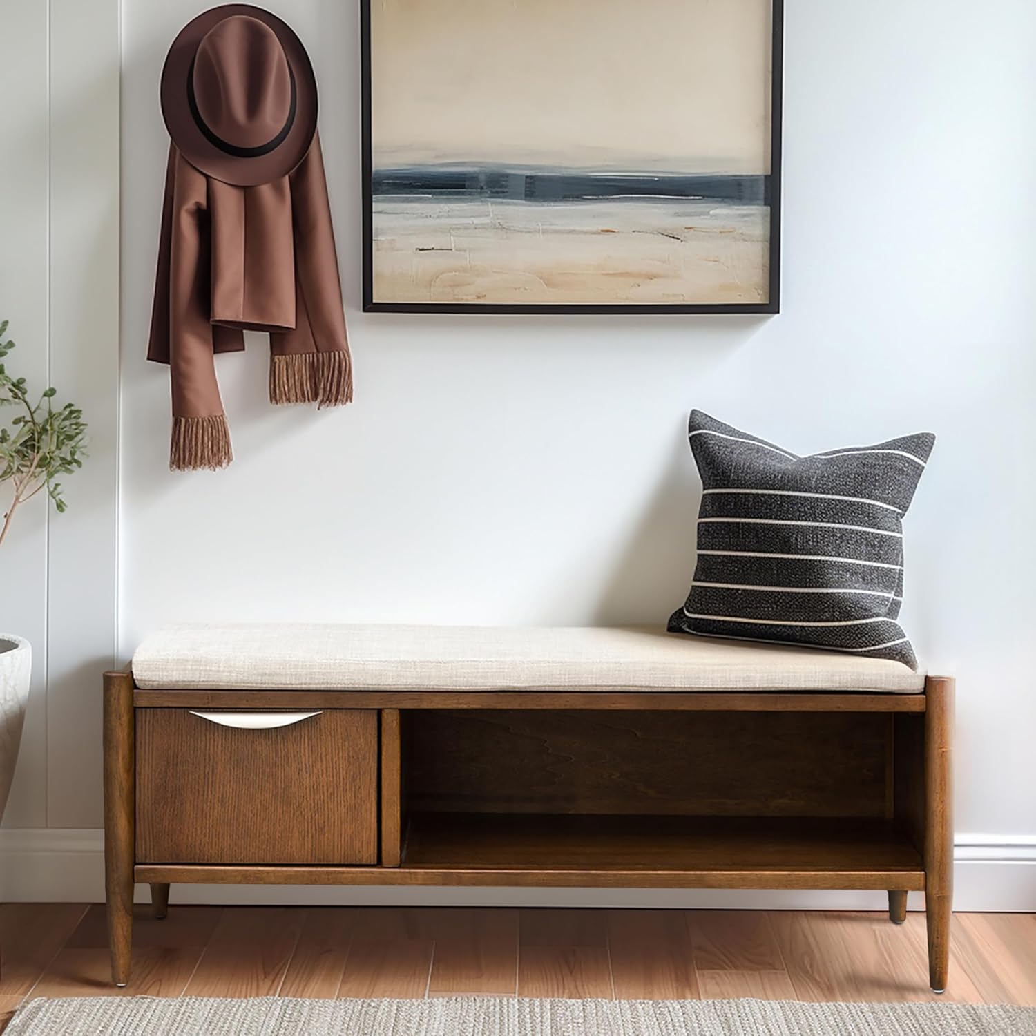 Walnut Brown Storage Entryway Shoe Bench