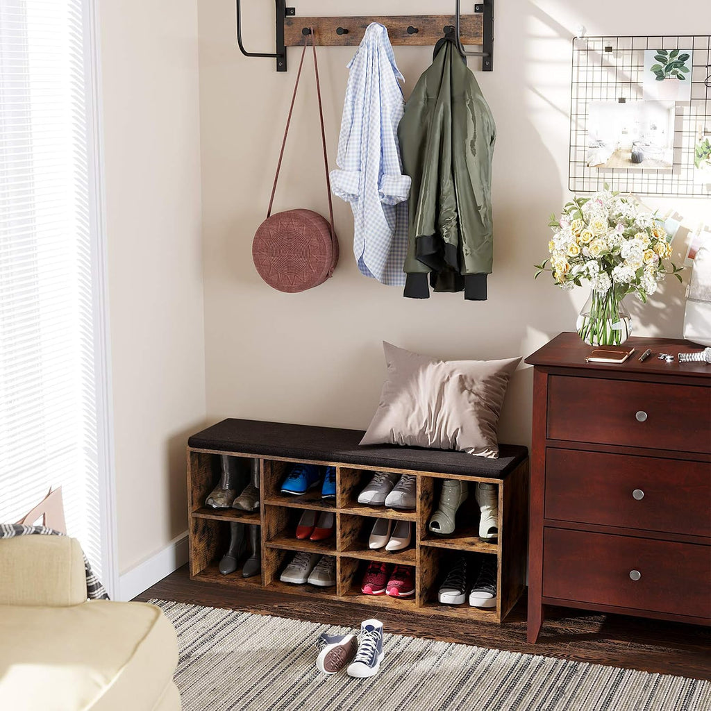 Rustic Brown 10-Compartment Cushioned Shoe Storage Bench