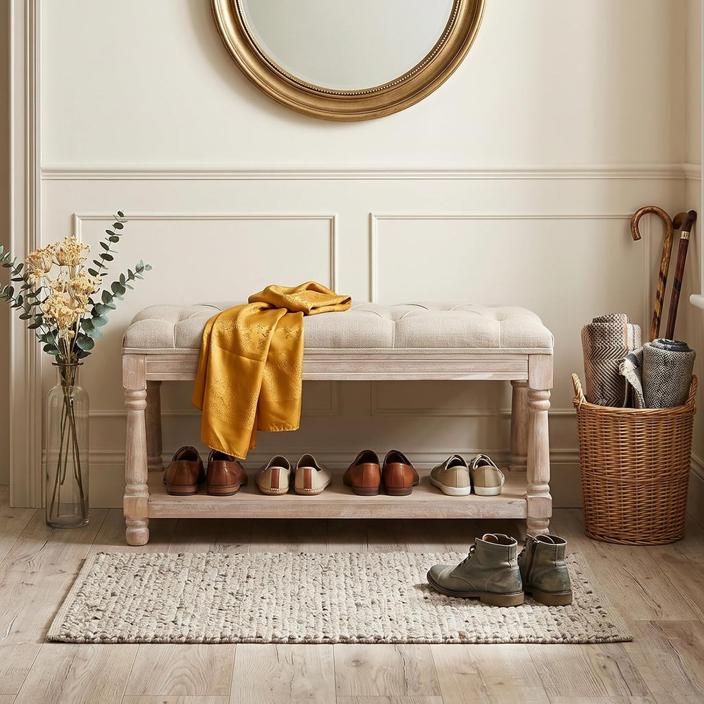 Beige Tufted Linen Storage Shoe Bench