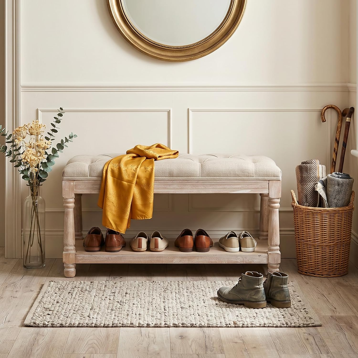 Beige Tufted Linen Storage Shoe Bench