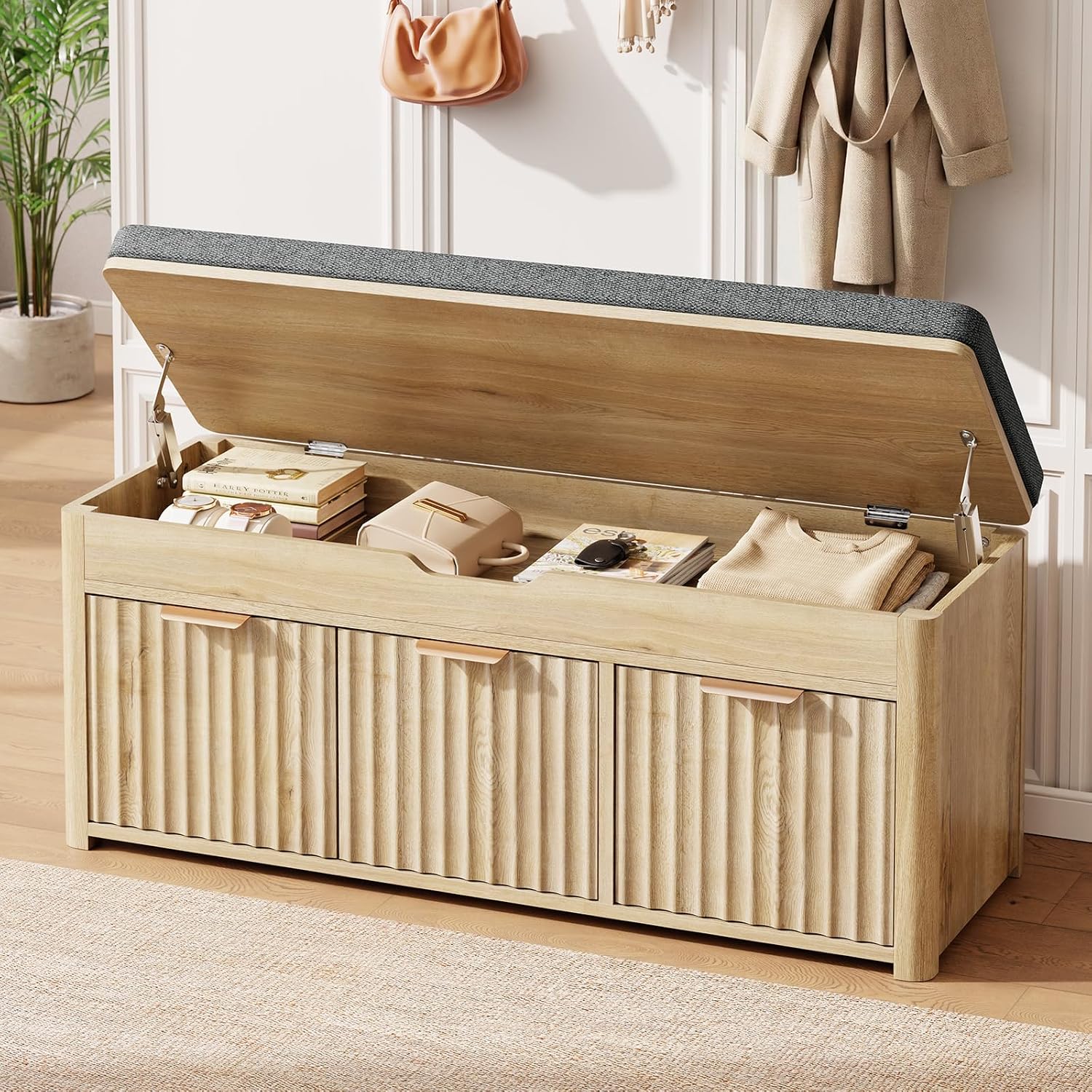 Natural Wood Lift Top Shoe Storage Bench