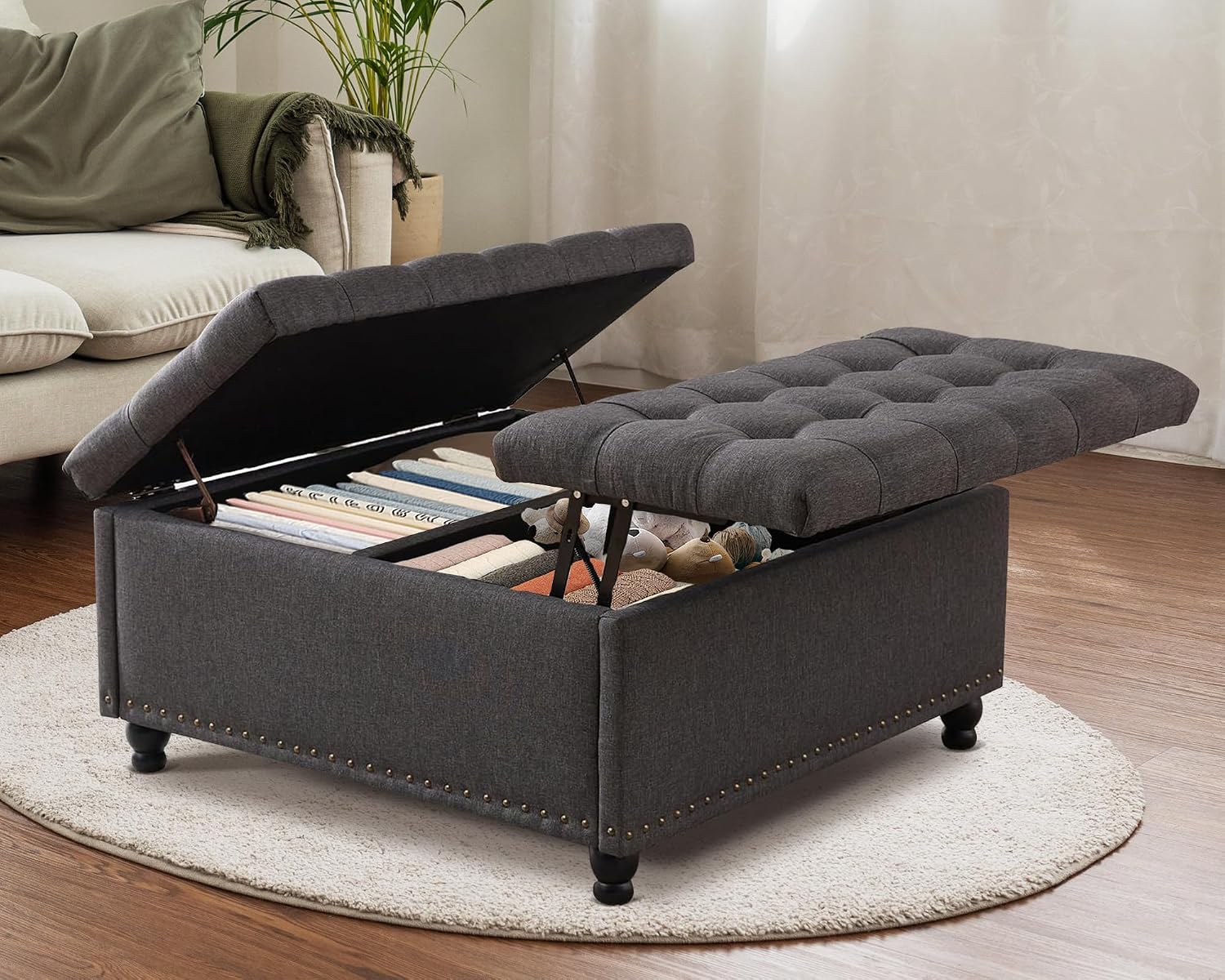 Gray Tufted Storage Ottoman