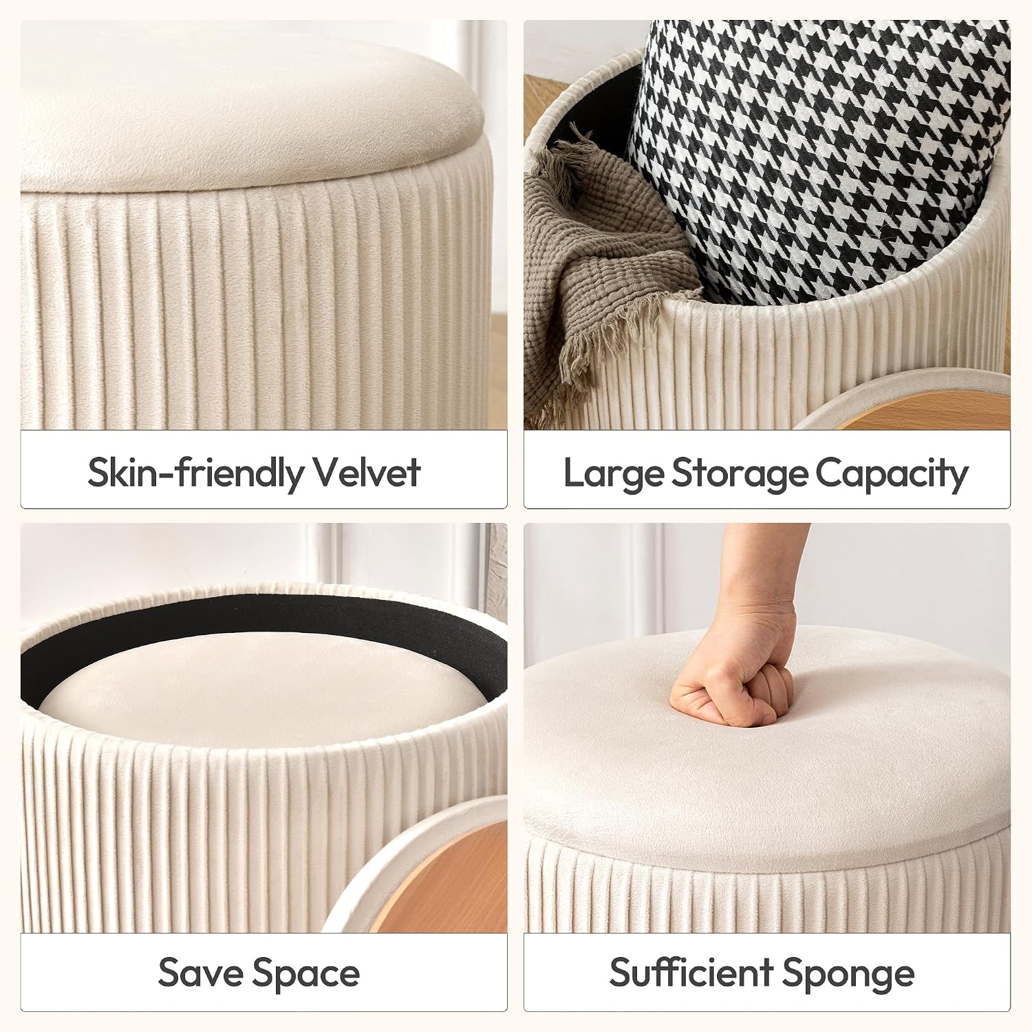 Beige Velvet 2-Pack Round Storage Ottomans