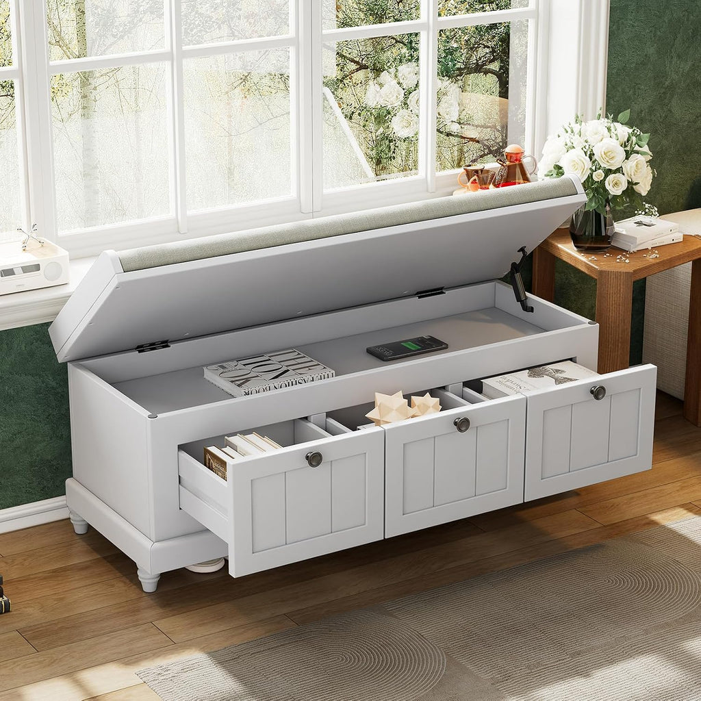 Light Gray Wooden 3-Drawer Storage Bench