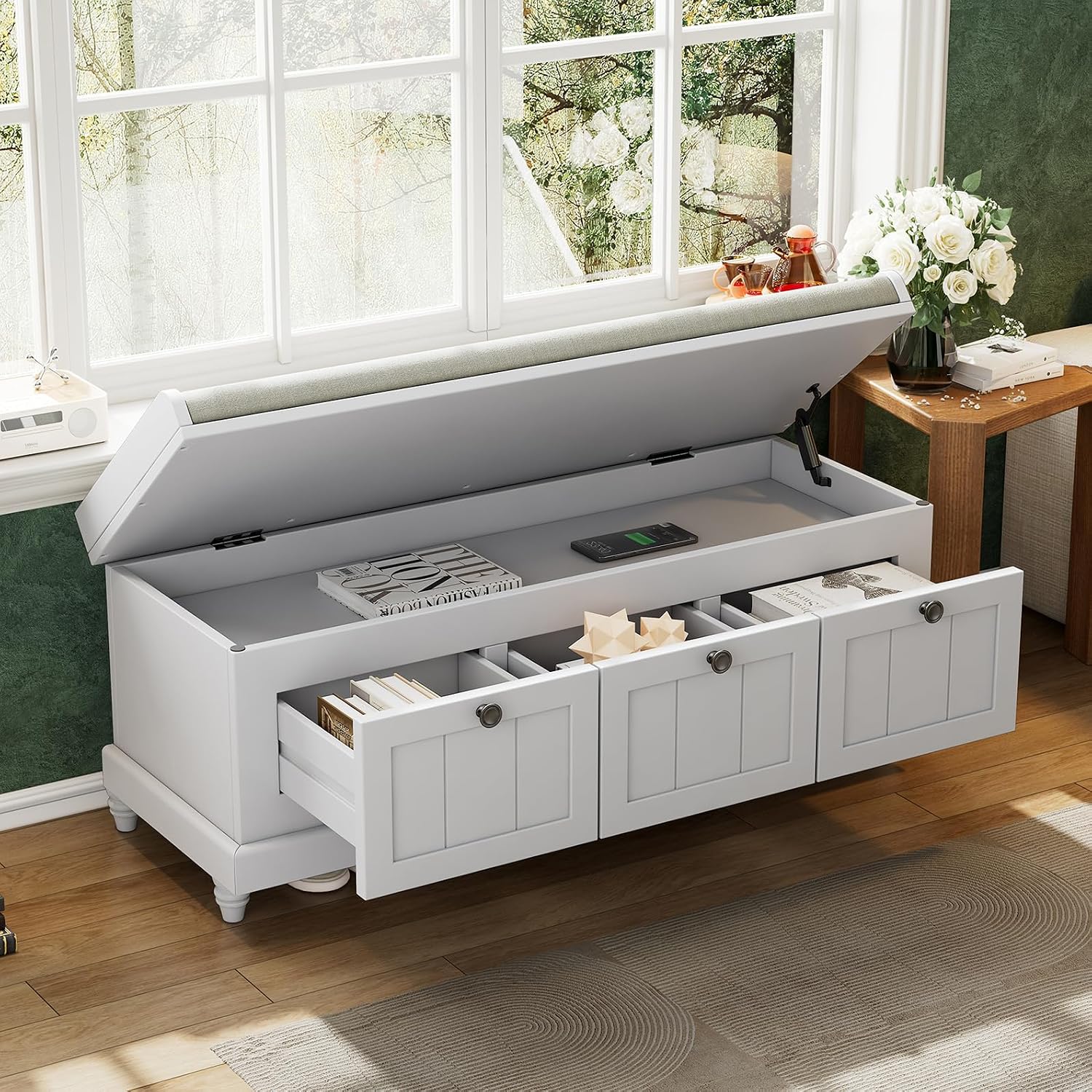 Light Gray Wooden 3-Drawer Storage Bench