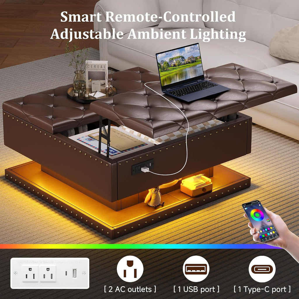 Brown PU Charging Storage Ottoman