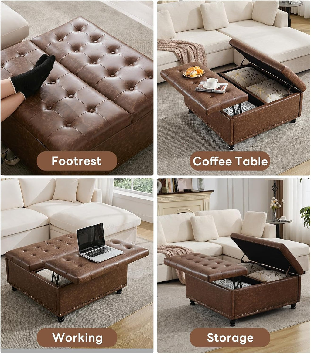 Brown Leather Lift Storage Ottoman