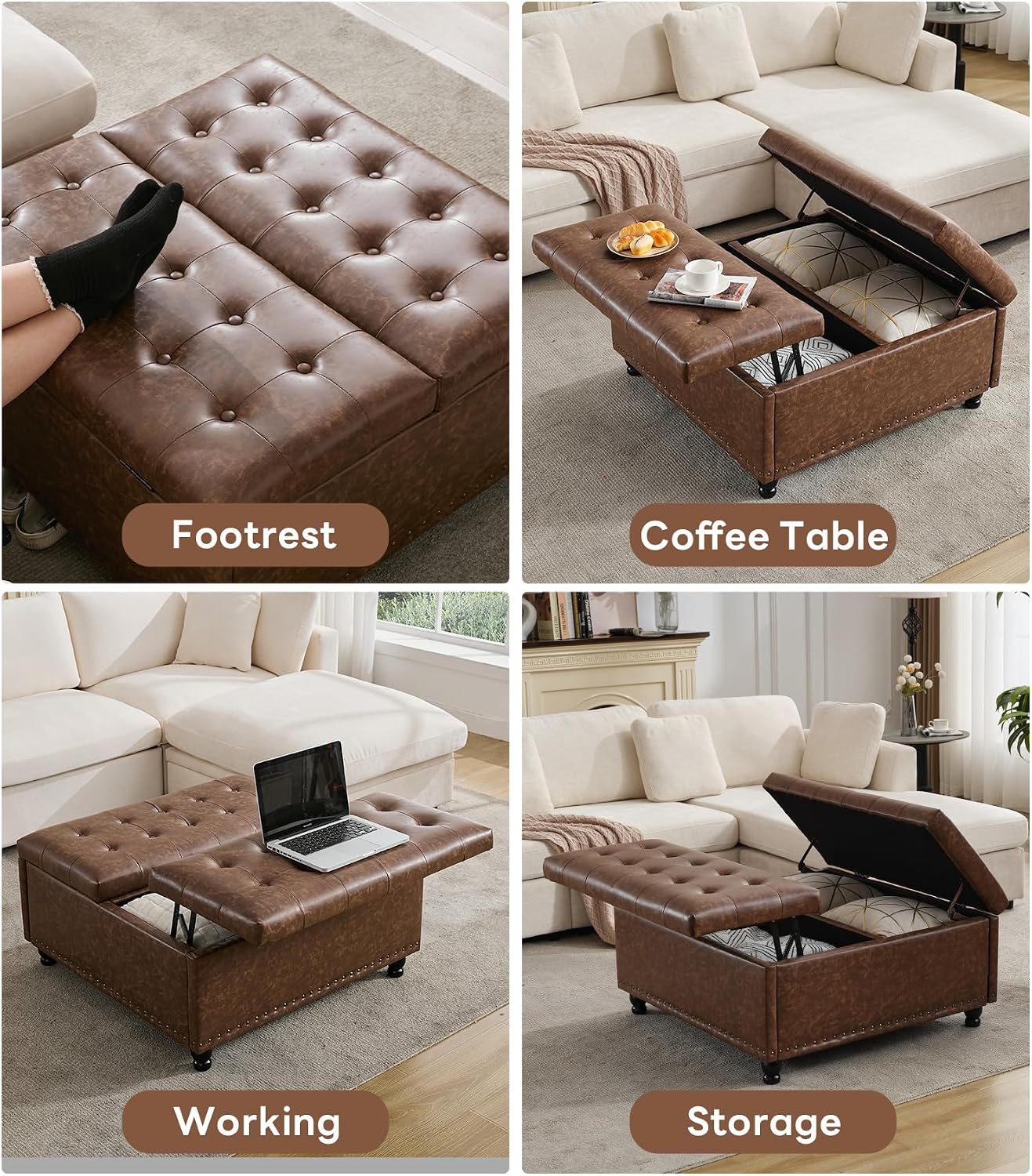 Brown Leather Lift Storage Ottoman