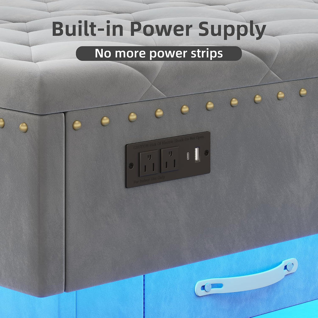 Gray LED Charging Storage Ottoman