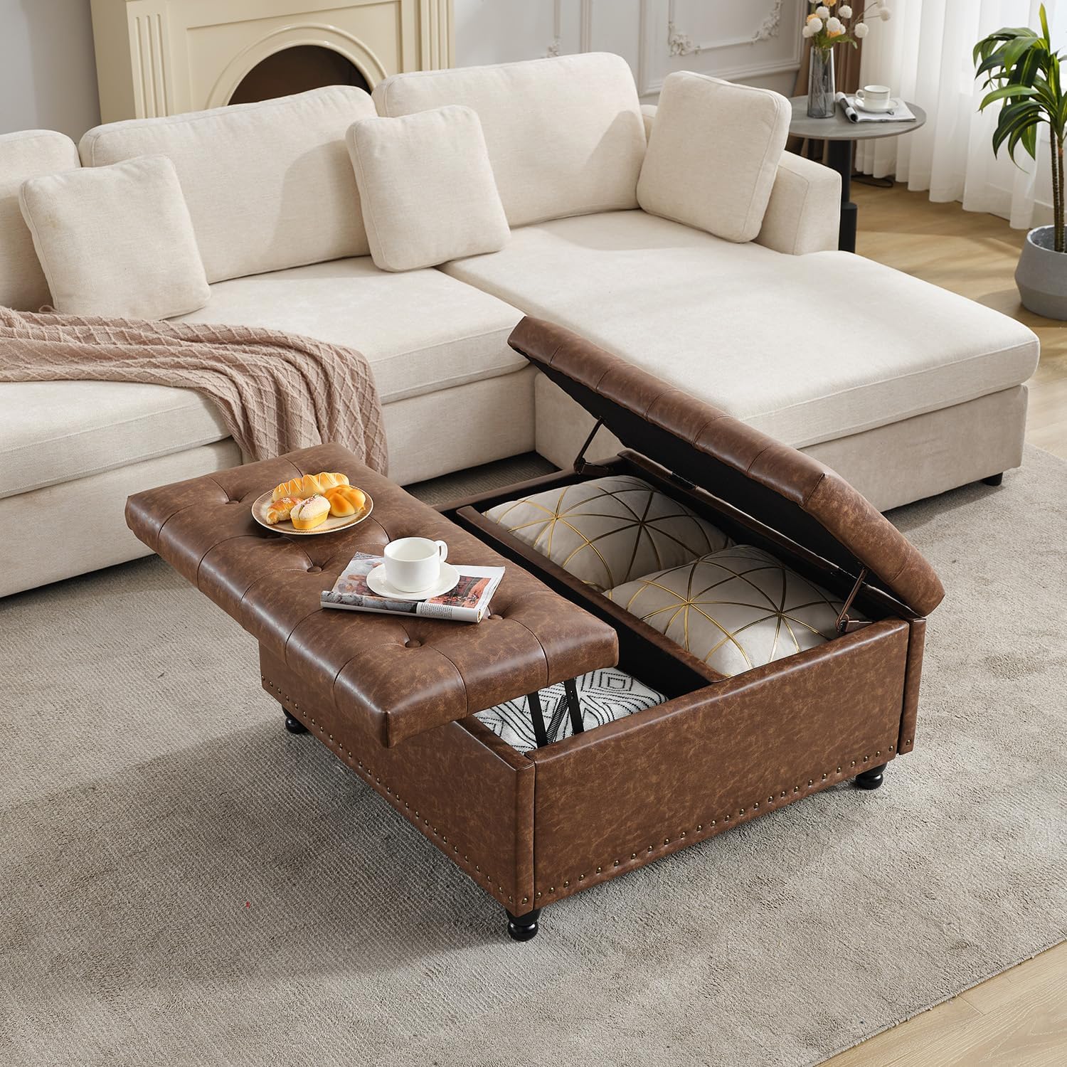 Brown Leather Lift Storage Ottoman