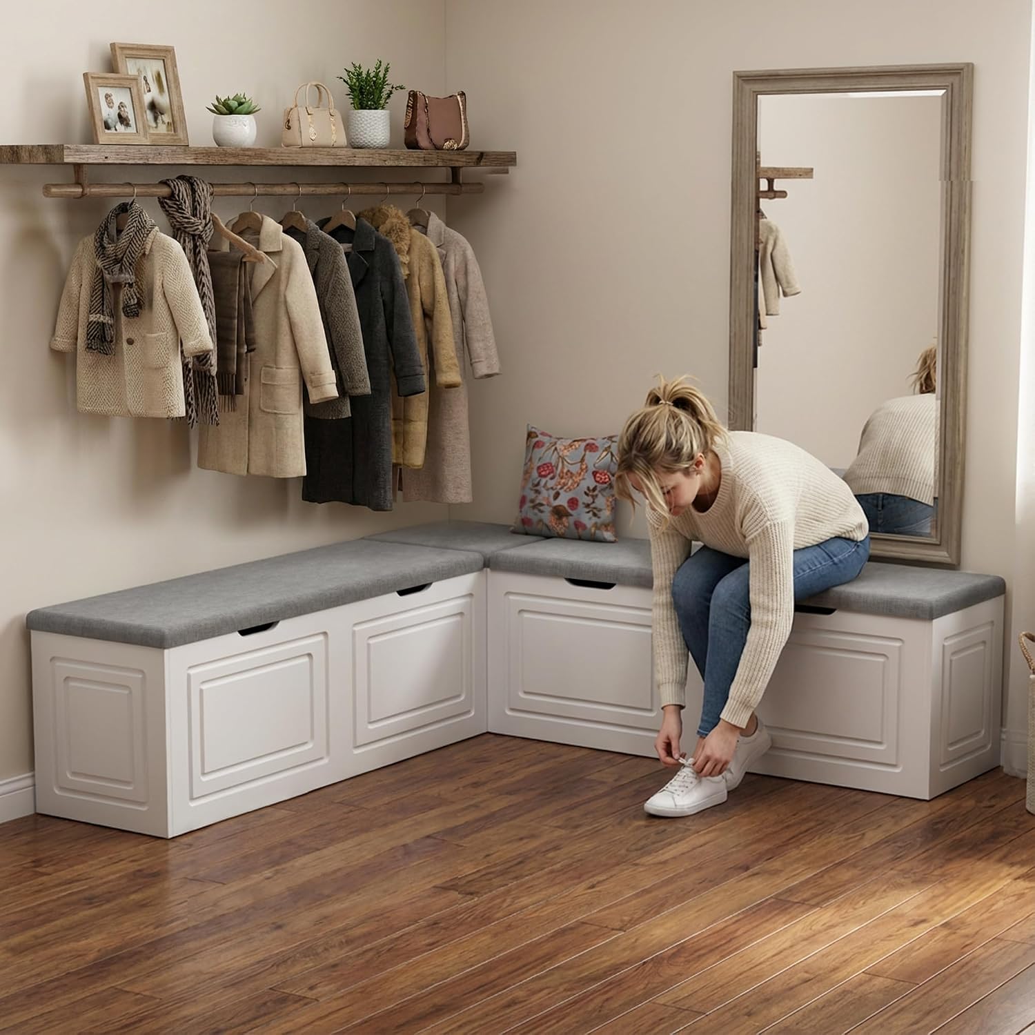 White Grey Lift Top L-Shaped Storage Nook Bench