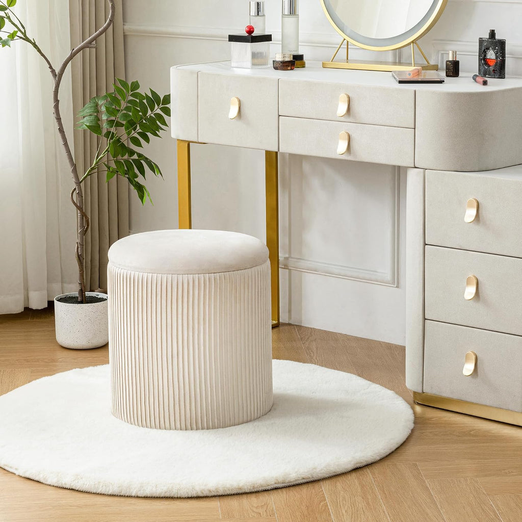 Beige Velvet 2-Pack Round Storage Ottomans