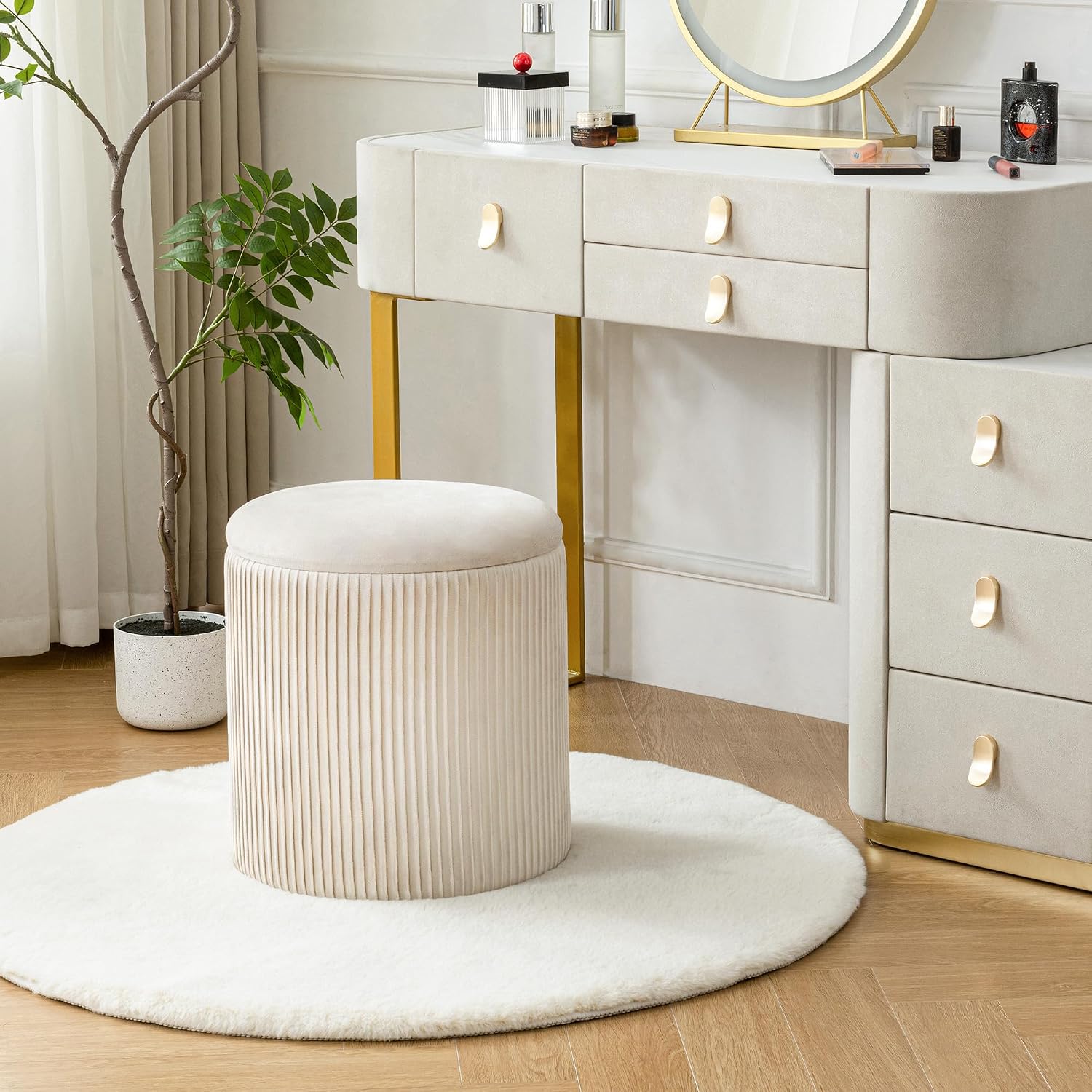 Beige Velvet 2-Pack Round Storage Ottomans