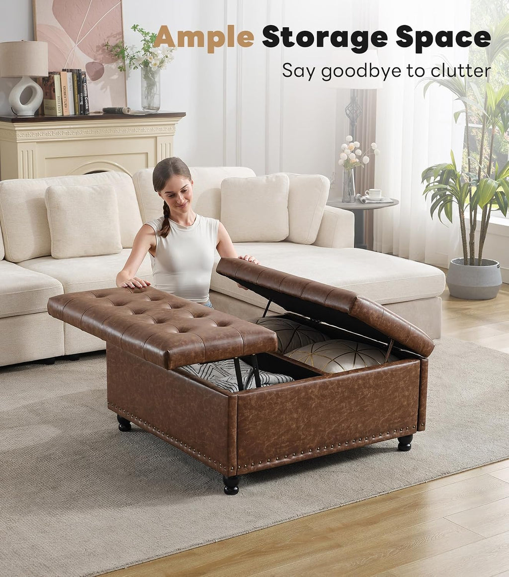 Brown Leather Lift Storage Ottoman