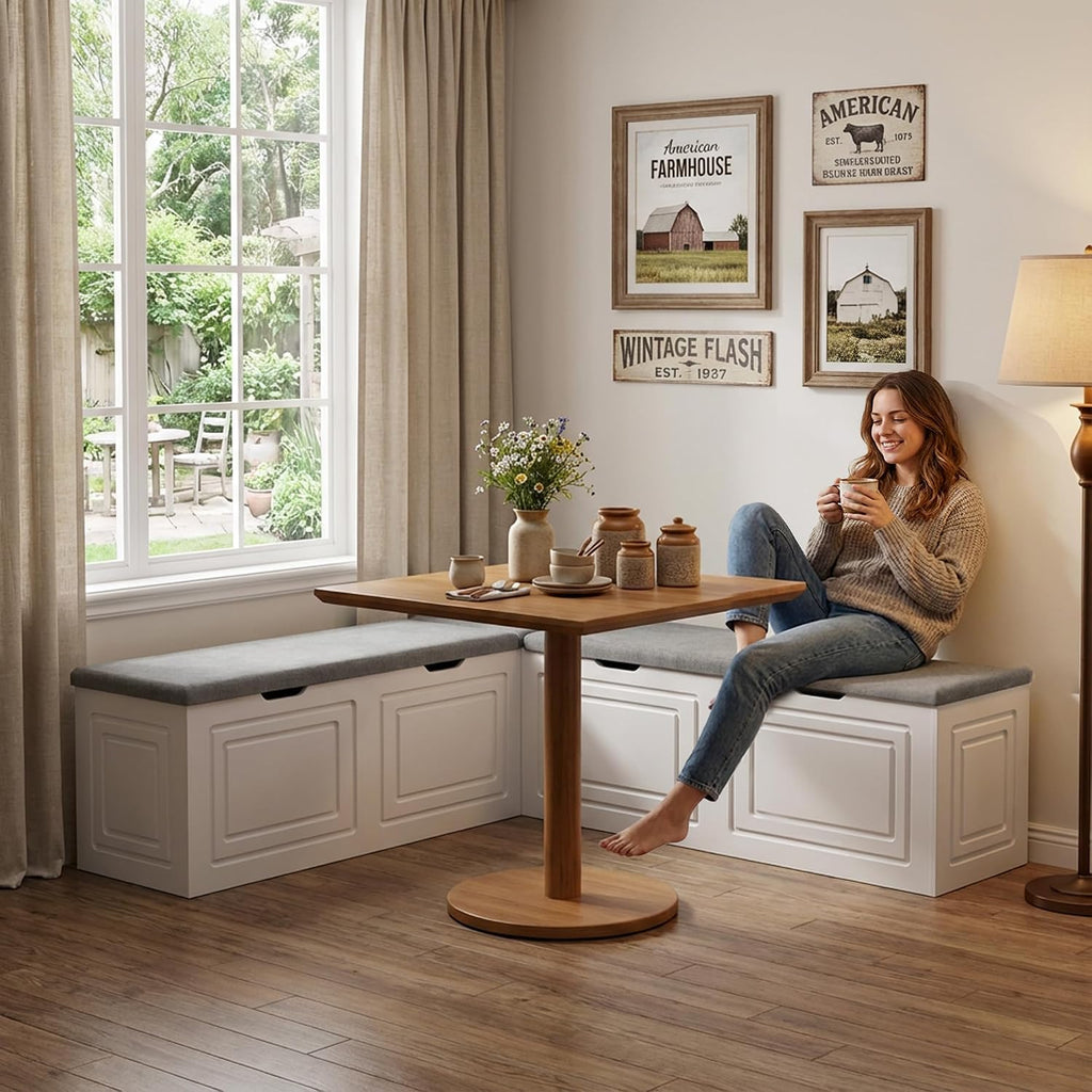 White Grey Lift Top L-Shaped Storage Nook Bench