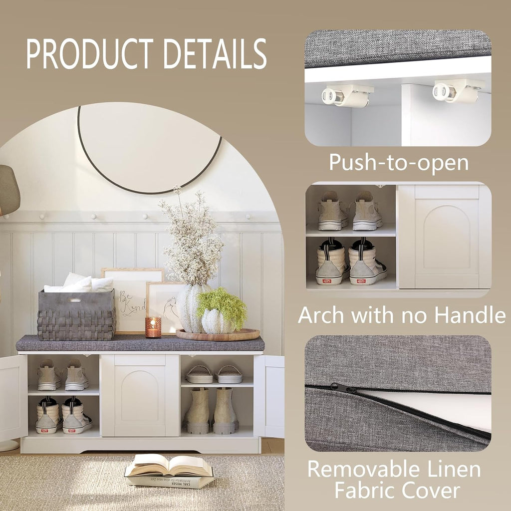 White 6-Cubby Door Storage Shoe Bench with Cushion