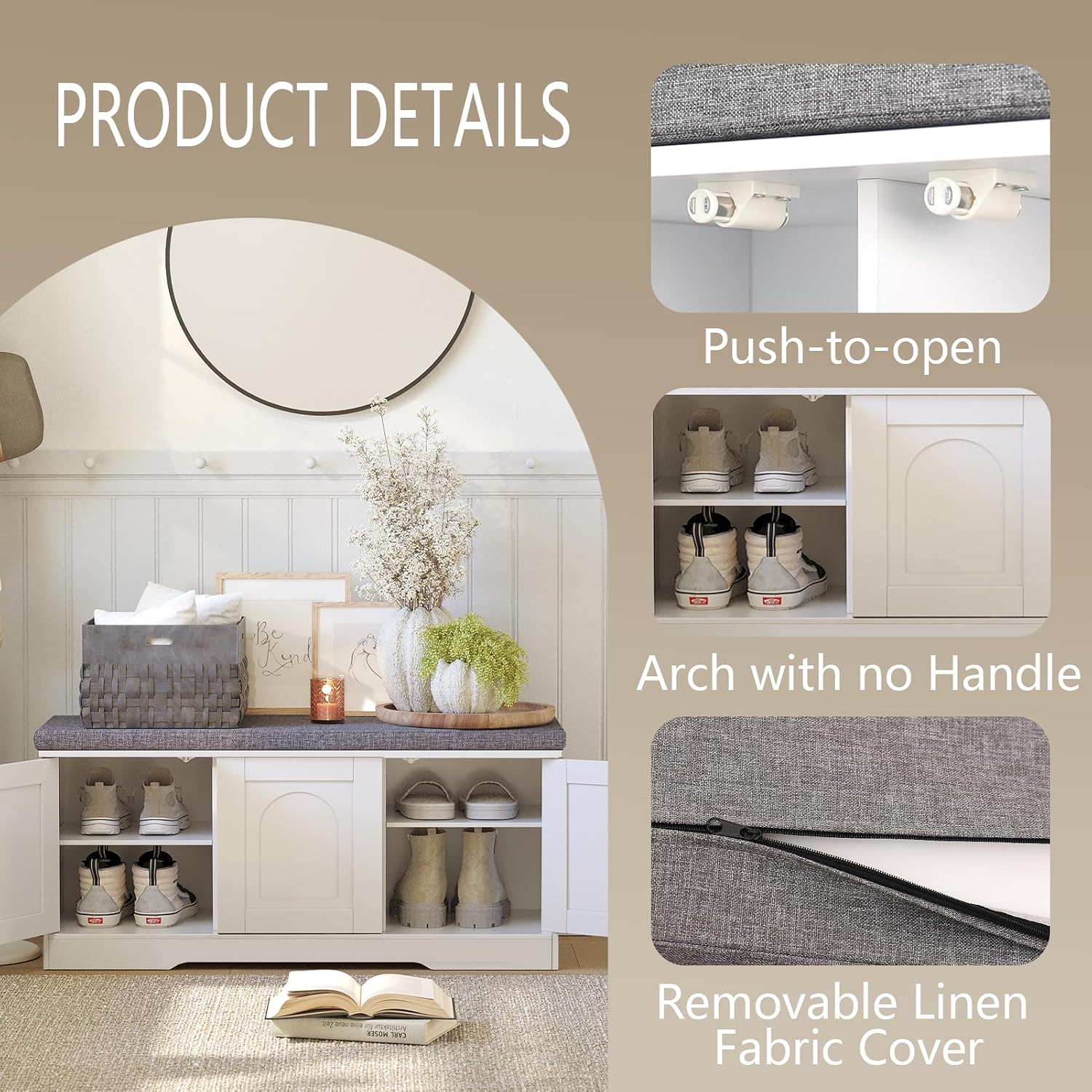 White 6-Cubby Door Storage Shoe Bench with Cushion