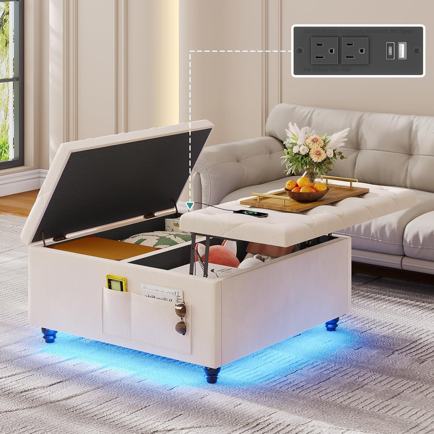Beige Velvet Storage Ottoman Bench