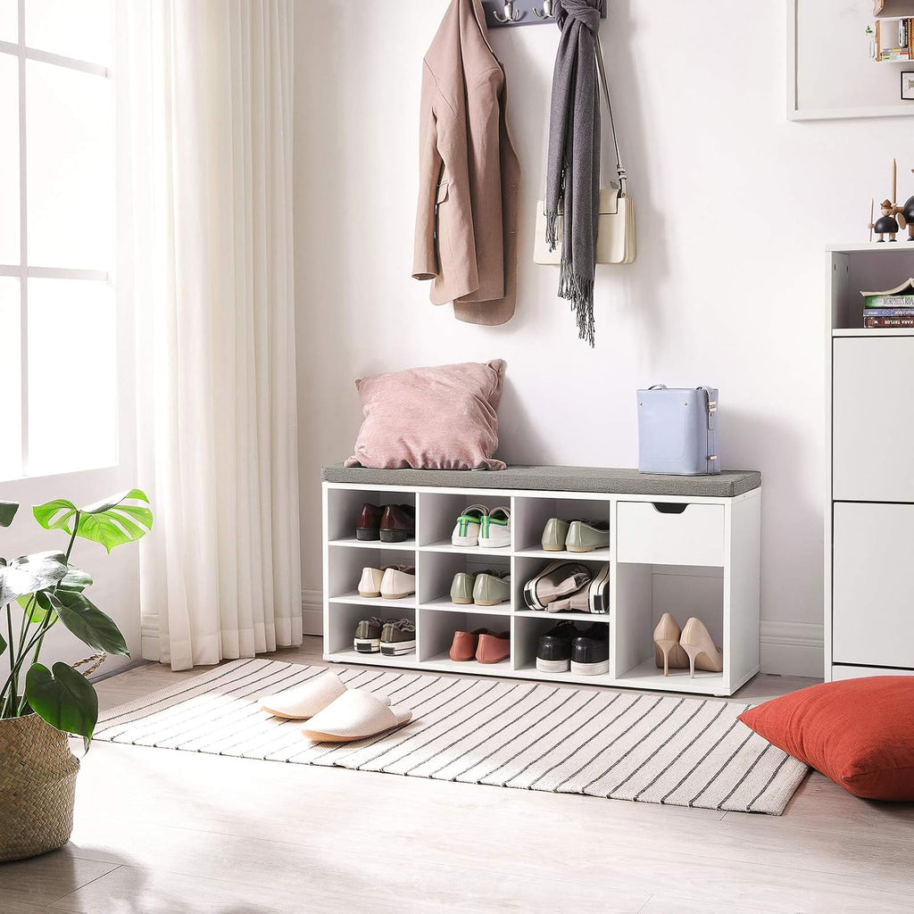 White Gray Multi Compartment Shoe Storage Bench