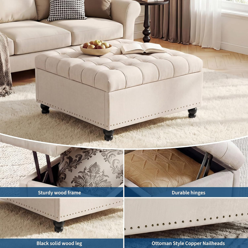 Beige Tufted Storage Ottoman Bench